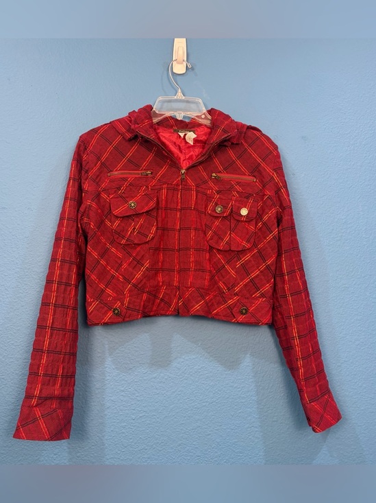 Feline Jackets & Blazers - Feline Red Gold Plaid Cropped Full Zip Jacket Detachable Hood Junior Size Large